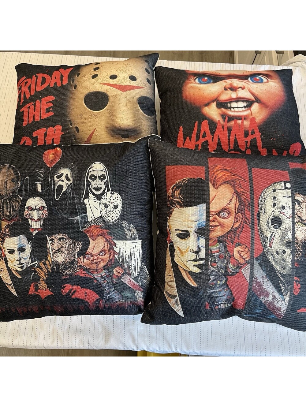 4 Horror Movie Themed Throw Pillows 18x18 - Chucky Freddy Jason Michael Icons